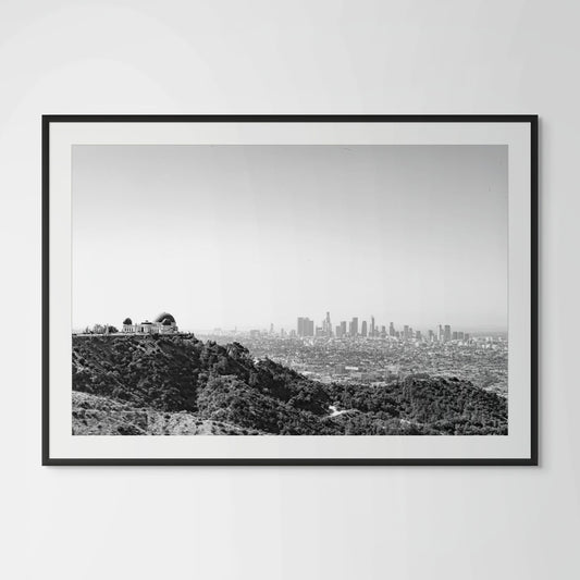 Black and white Los Angeles cityscape framed photography print in black wood frame