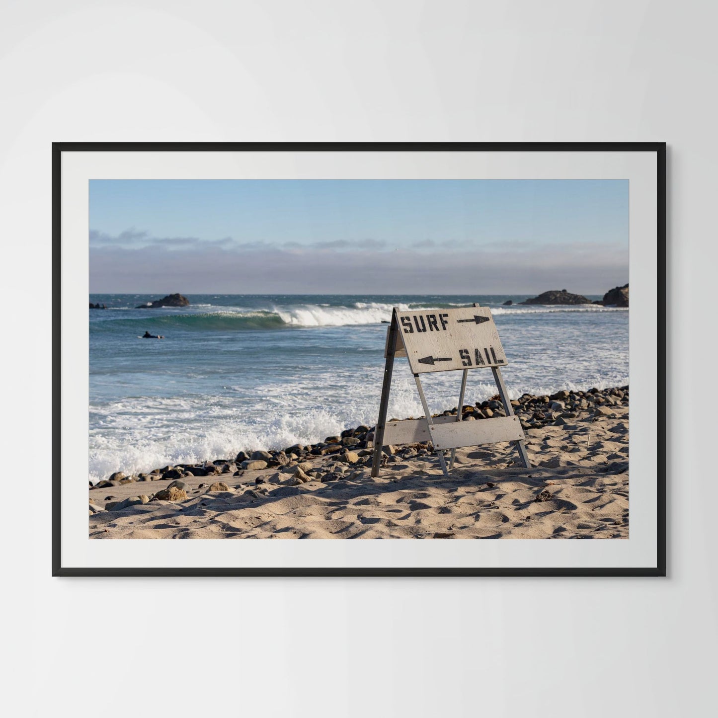 Malibu surf or sail sign framed photography print in black wood frame with white mat