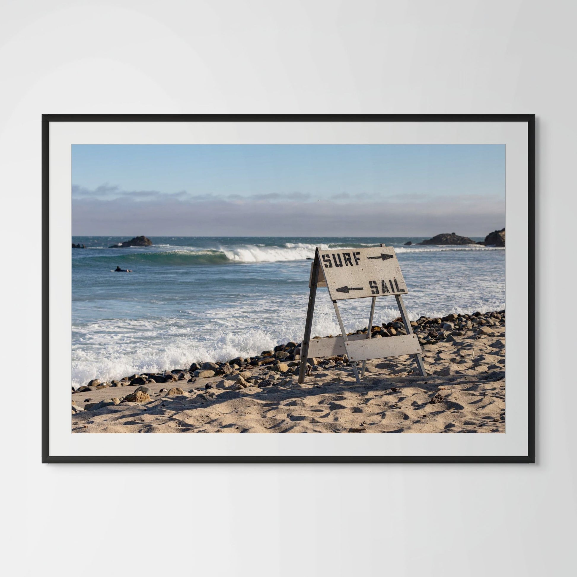 Malibu surf or sail sign framed photography print in black wood frame with white mat