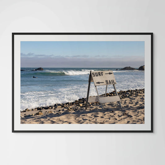 Malibu surf or sail sign framed photography print in black wood frame with white mat