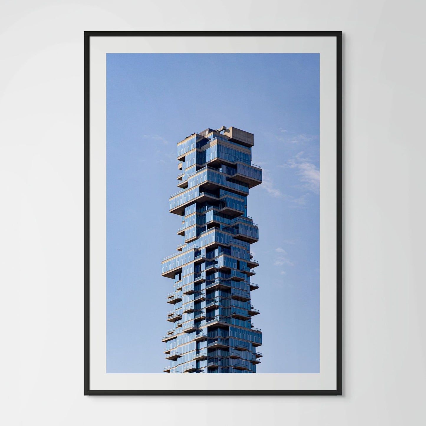 Manhattan stacked tower modern architecture framed photography print in black wood frame