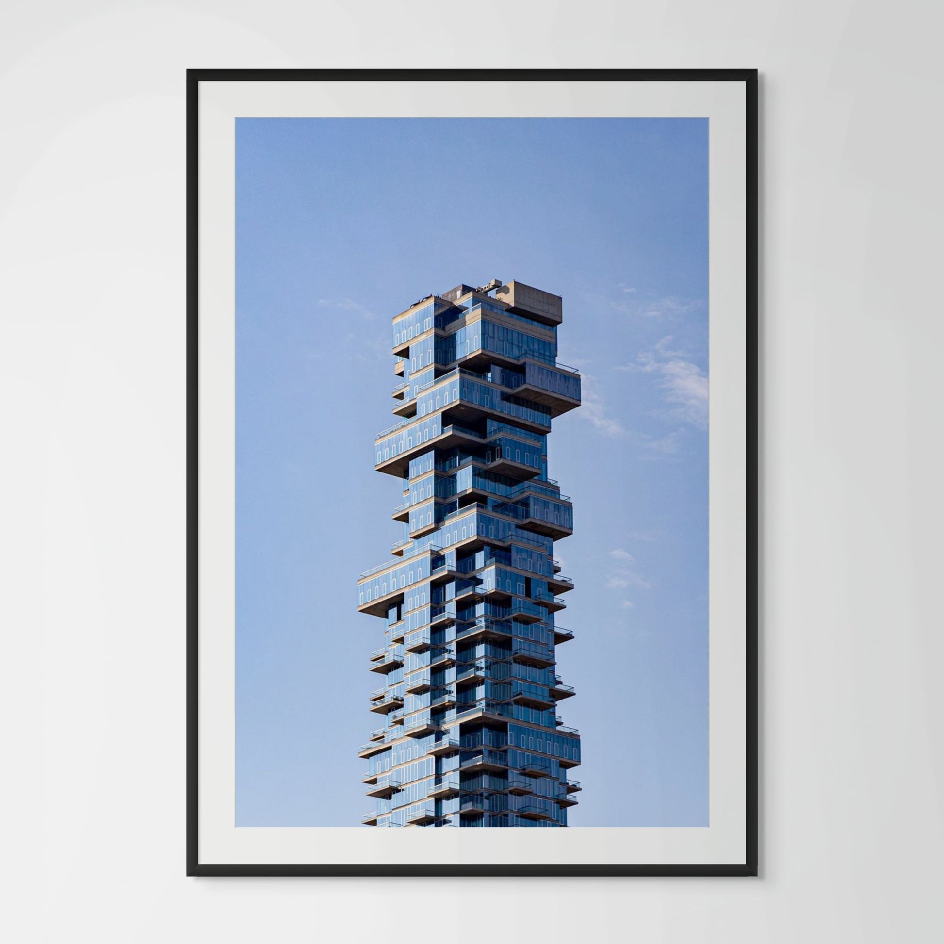 Manhattan stacked tower modern architecture framed photography print in black wood frame