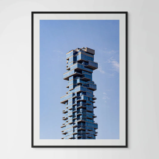 Manhattan stacked tower modern architecture framed photography print in black wood frame