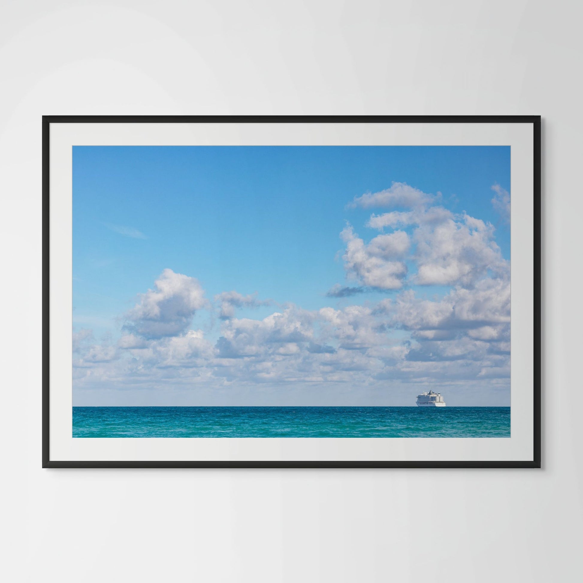 Miami Beach ocean horizon with cruise ship framed photography print in black wood frame