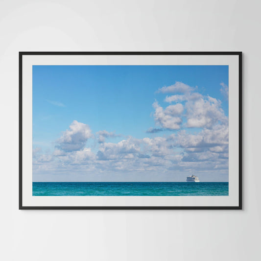 Miami Beach ocean horizon with cruise ship framed photography print in black wood frame