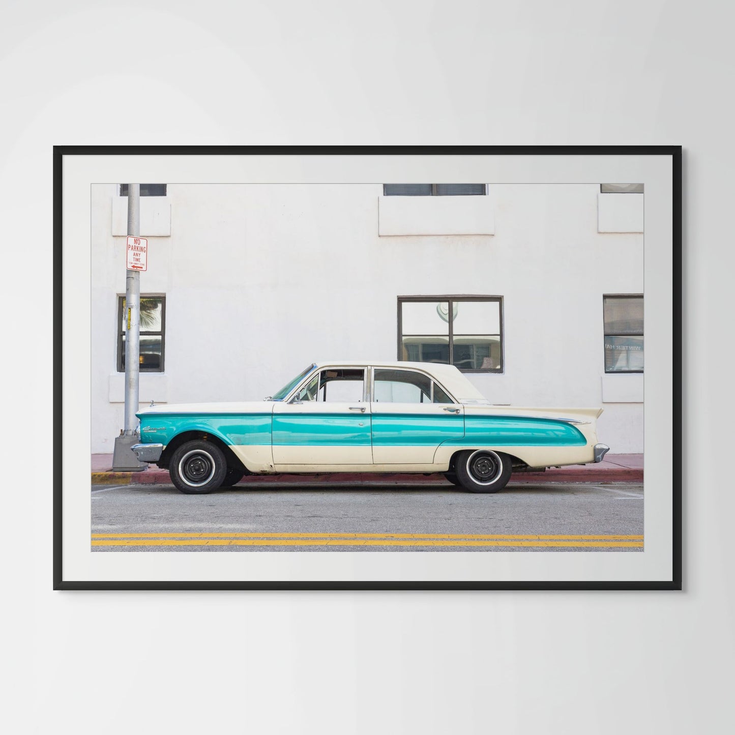 Miami Beach turquoise vintage car framed photography print in black wood frame with white mat