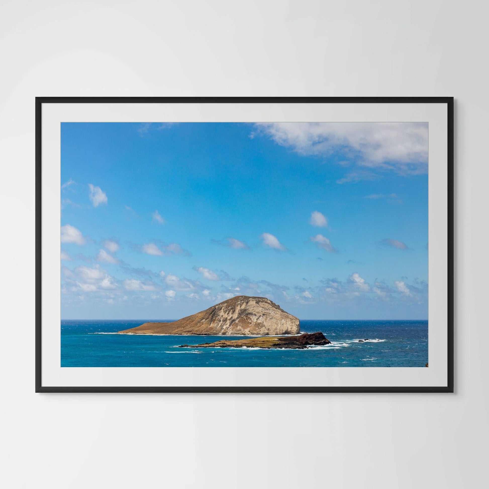 Oahu offshore island ocean view framed photography print in black wood frame with white mat