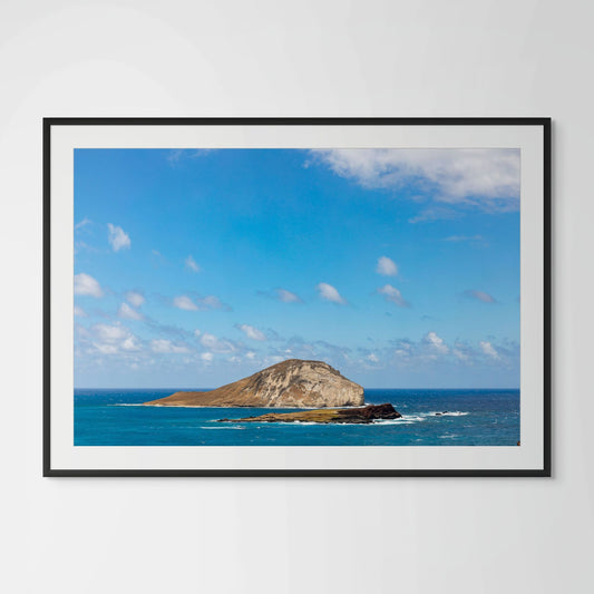 Oahu offshore island ocean view framed photography print in black wood frame with white mat