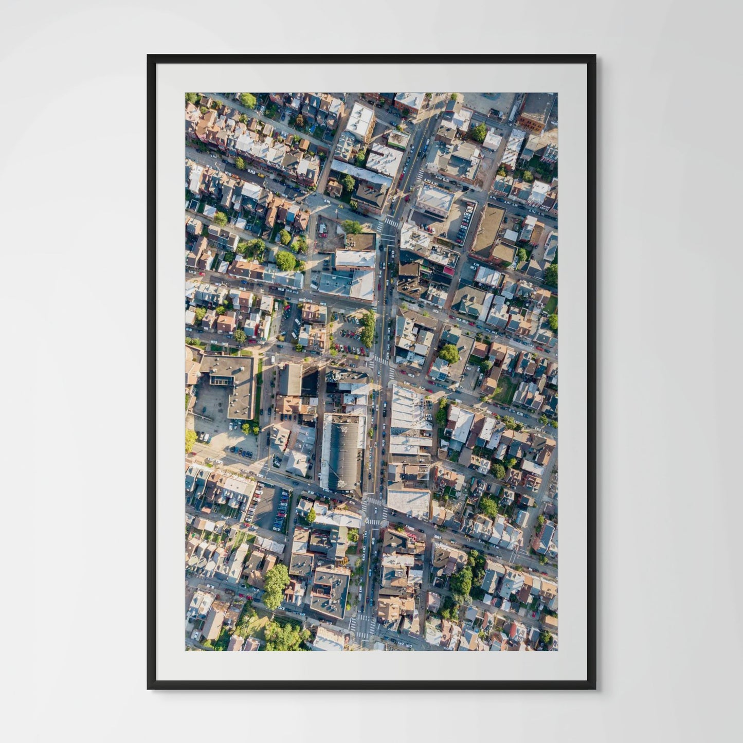 Pittsburgh Lawrenceville aerial view framed photography print in black wood frame with white mat