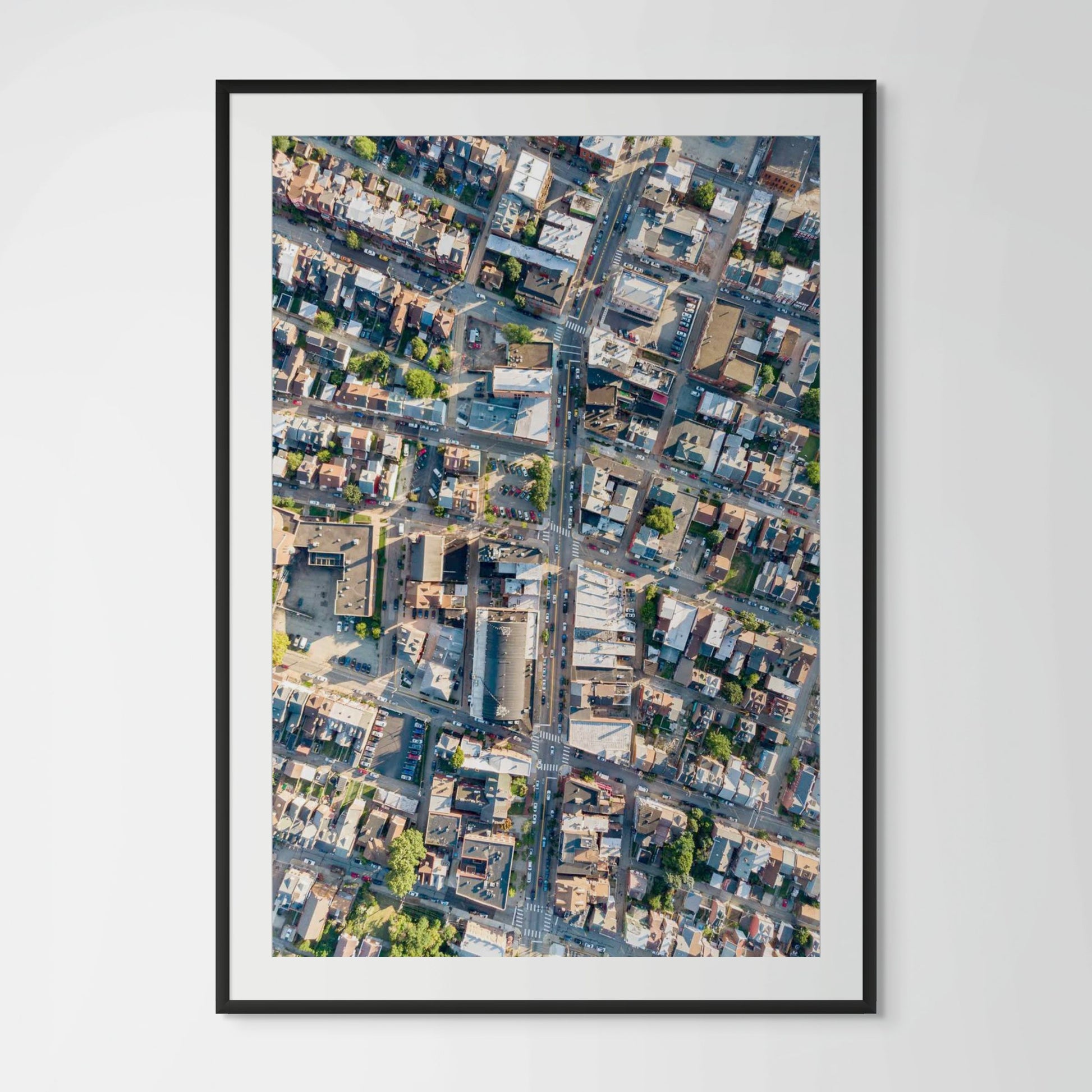 Pittsburgh Lawrenceville aerial view framed photography print in black wood frame with white mat