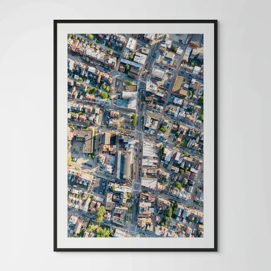 Pittsburgh Lawrenceville aerial view framed photography print in black wood frame with white mat
