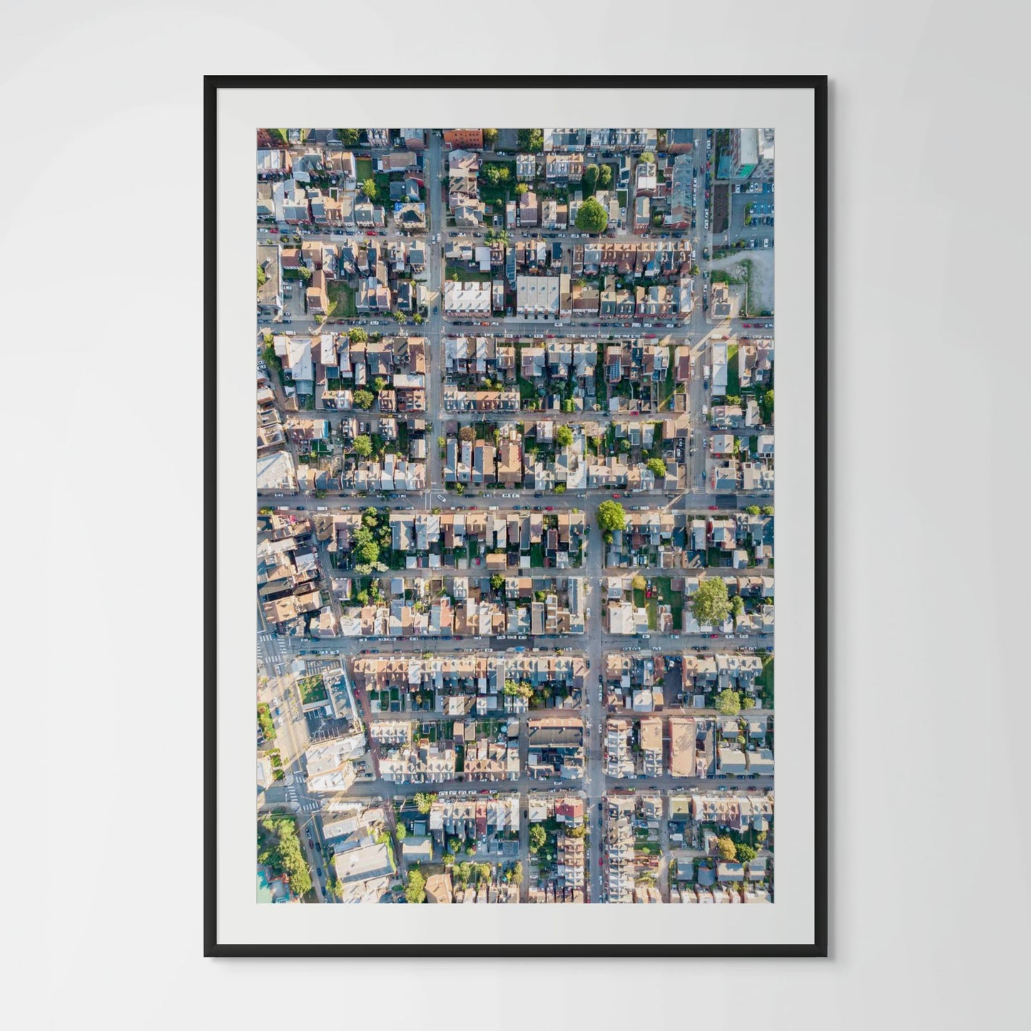 Pittsburgh Lawrenceville streets aerial view framed photography print in black wood frame