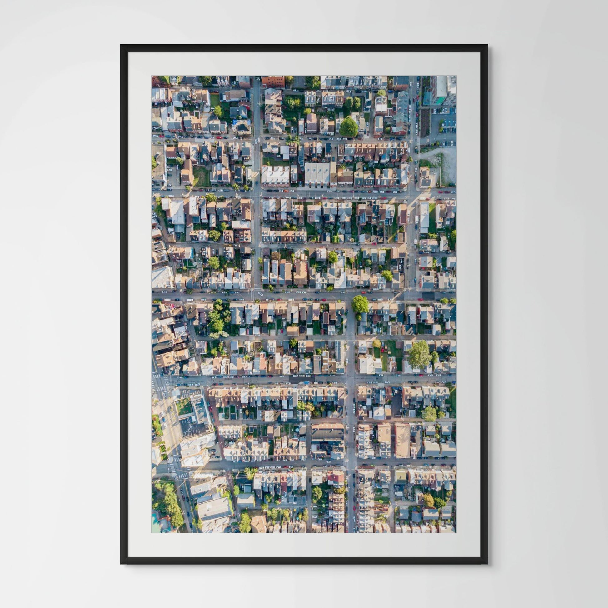 Pittsburgh Lawrenceville streets aerial view framed photography print in black wood frame