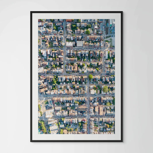 Pittsburgh Lawrenceville streets aerial view framed photography print in black wood frame