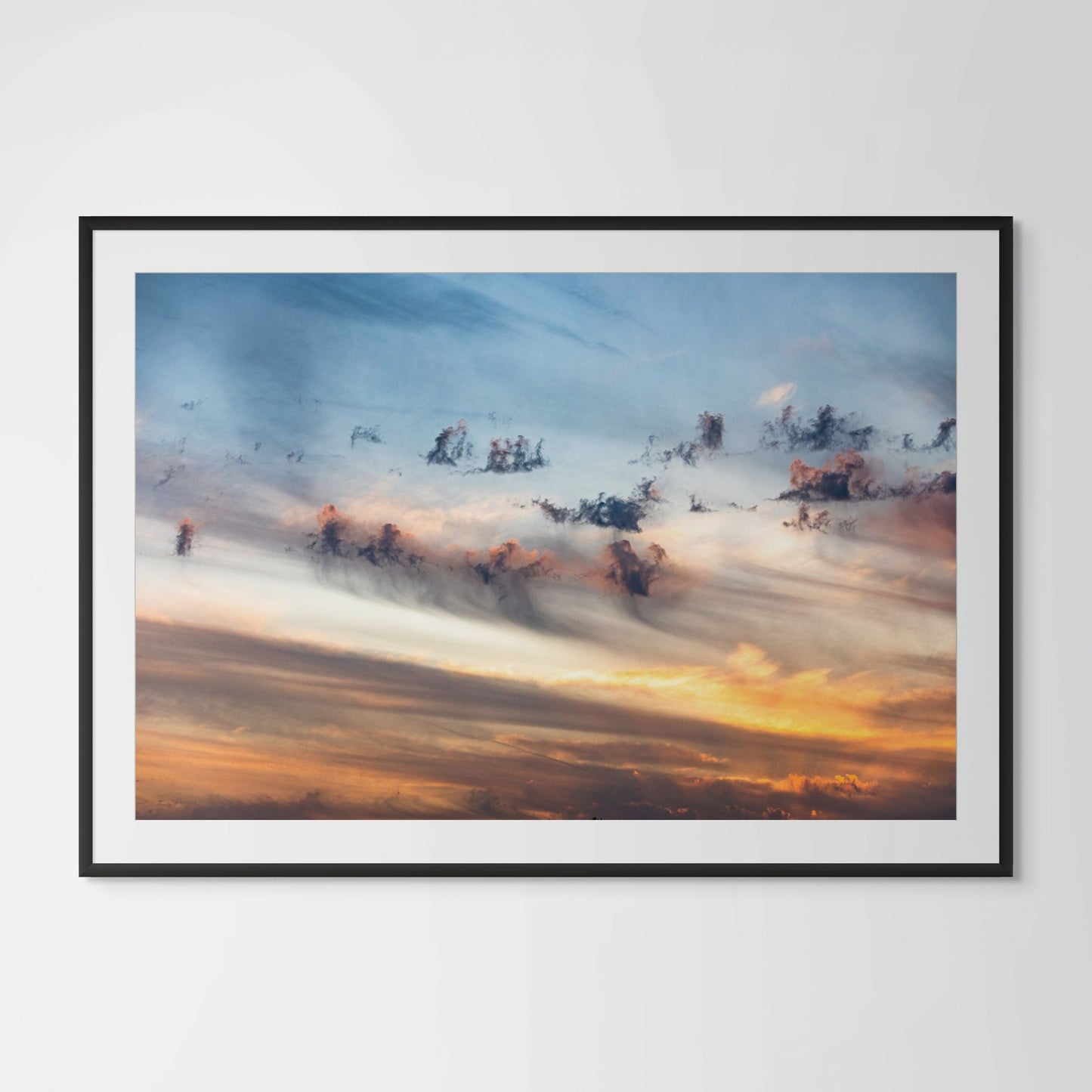 Sunset Hills abstract cloud photography framed print in black wood frame with white mat