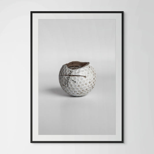 Titleist Pro V1 equator crack golf ball framed photography print in black wood frame