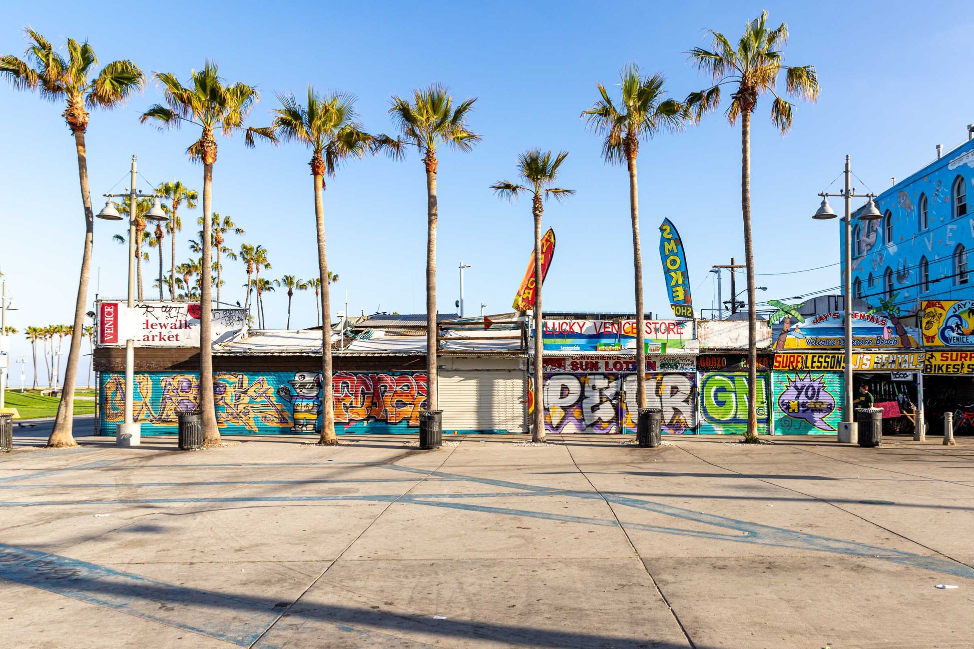 Venice Beach boardwalk with palm trees and street art in Los Angeles California