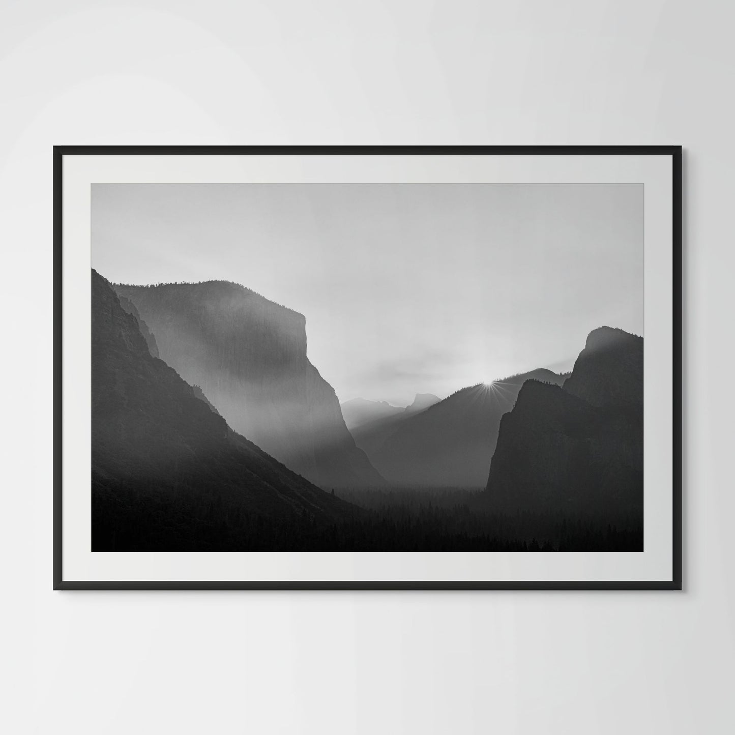 Yosemite Tunnel View sunrise black and white framed photography print in black wood frame