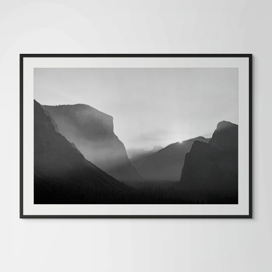 Yosemite Tunnel View sunrise black and white framed photography print in black wood frame