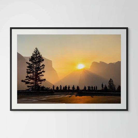 Yosemite Tunnel View sunrise with silhouetted visitors framed photography print in black wood frame